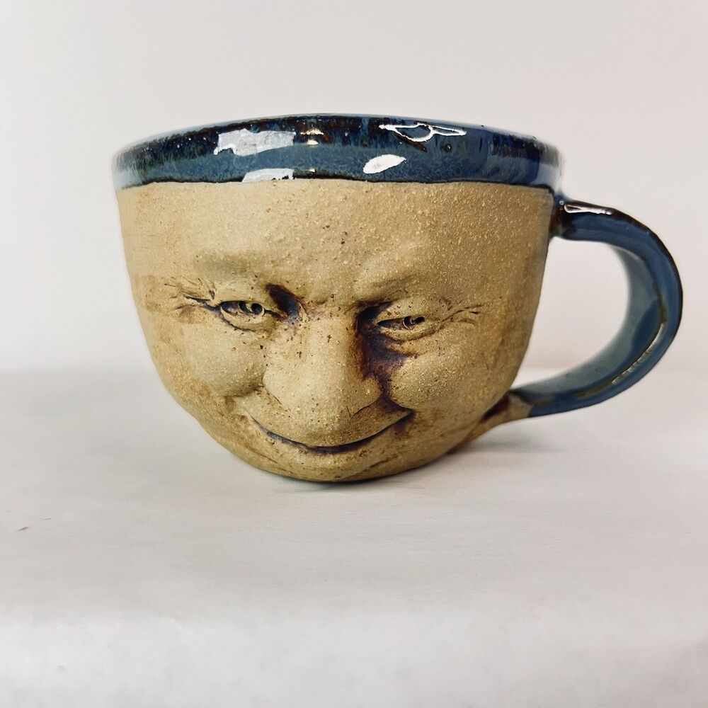 Handmade Pottery Face Mug Blue Stoneware Art Coffee Cup Signed Ceramic